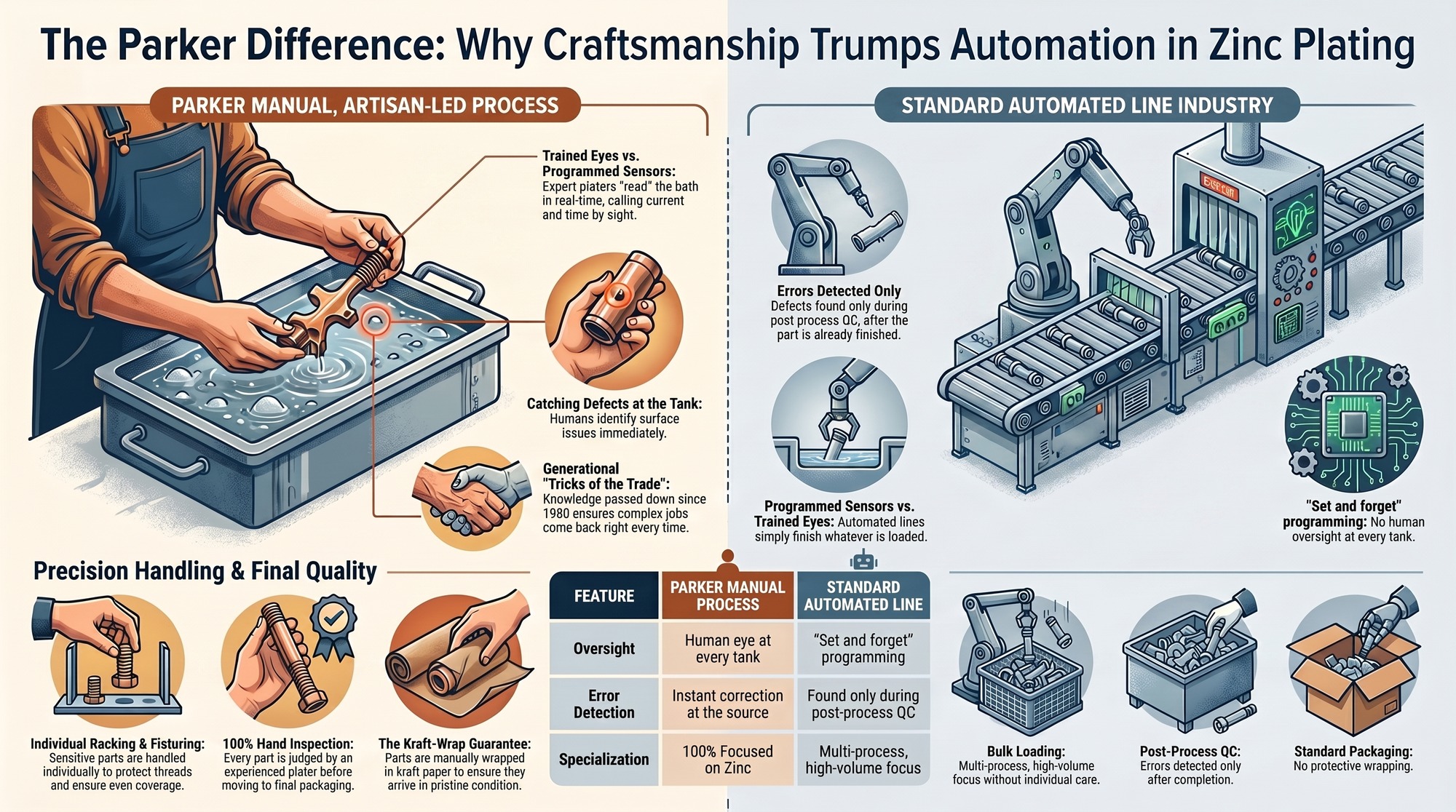 Infographic, The Parker Difference. On the left, Parker's manual, artisan-led zinc plating: a plater reads the bath by eye and calls current and time by sight, catches surface defects at the tank, racks and fixtures each part individually, hand inspects 100 percent of parts, and wraps finished parts in kraft paper. On the right, a standard automated line runs on set-and-forget programming with no human at the tank, detects defects only in post-process quality control after the part is finished, bulk loads parts, and ships with no protective wrapping. A table compares the two: oversight is a human eye at every tank versus set-and-forget programming, error detection is instant correction at the source versus errors found only in post-process QC, and specialization is 100 percent focused on zinc versus multi-process high-volume.